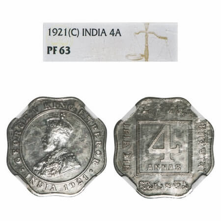 George V, Copper-Nickel, 4 Annas, 1921, Calcutta Mint, F. Prid 876. GK Unlisted. Paul Stev