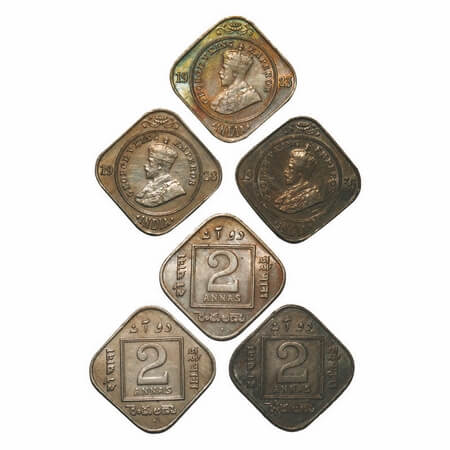 George V, Copper-Nickel, 2 Annas, (3 coins), 1) 1923, Bombay Mint, Dot, 2) 1928, Bombay Mi