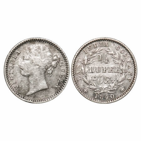 Victoria Queen, Silver, 1/4 Rupee, 1840, DL, Madras Mint, W.W. 'S' Raised, Wreath with 10 