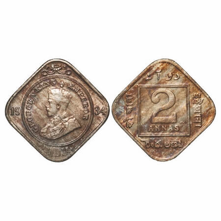 George V, Copper-Nickel, 2 Annas, 1934, Calcutta Mint, No dot. F. Prid 892. GK 1137. Extre