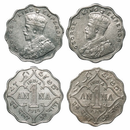 George V, Copper-Nickel, 1 Anna, (2 coins), 1914, 1916, Bombay Mint, No dot. F. Prid 944, 