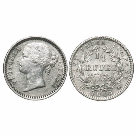 Victoria Queen, Silver, 1/4 Rupee, 1840, DL, Madras Mint, W.W. 'S' raised, Wreath with 10 