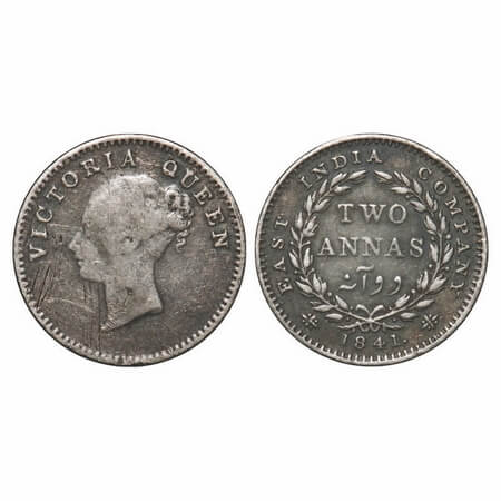 Victoria Queen, Silver, 2 Annas, 1841, CL, Calcutta Mint, A/I, Wreath with 16 Berries (8L 