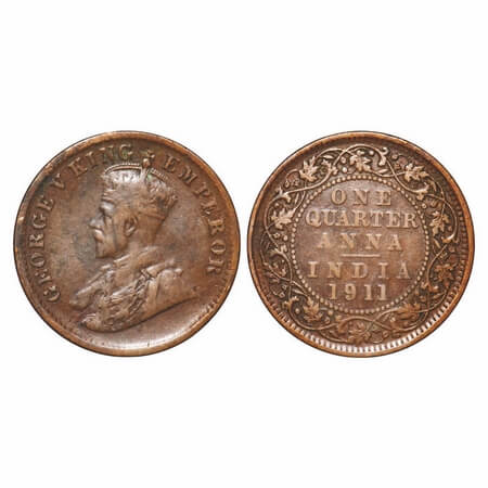 George V, Bronze, Quarter Anna, 1911, Calcutta Mint, No dot, Pig-Type. F. Prid 656. GK 117