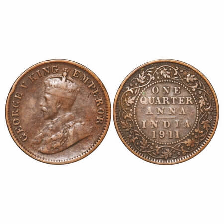 George V, Bronze, Quarter Anna, 1911, Calcutta Mint, No dot, Pig-Type. F. Prid 656. GK 117
