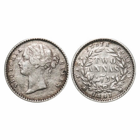 Victoria Queen, Silver, 2 Annas, 1841, DL, Calcutta Mint, W.W. Raised, Wreath with 9 Berri