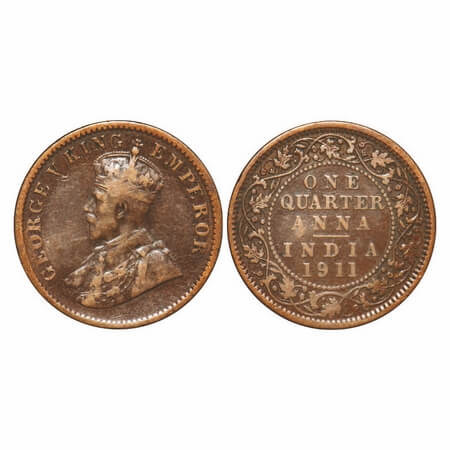 George V, Bronze, Quarter Anna, 1911, Calcutta Mint, No dot, Pig-Type. F. Prid 656. GK 117