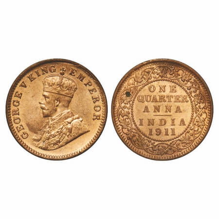 George V, Bronze, Quarter Anna, 1911, Calcutta Mint, No dot, Pig-Type. F. Prid 656. GK 117