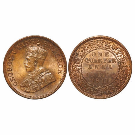 George V, Bronze, Quarter Anna, 1911, Calcutta Mint, No dot, Pig-Type. F. Prid 656. GK 117