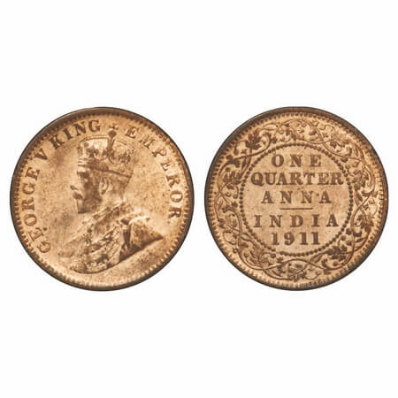 George V, Bronze, Quarter Anna, 1911, Calcutta Mint, No dot, Pig-Type. F. Prid 656. GK 117