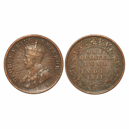 George V, Bronze, Quarter Anna, 1911, Calcutta Mint, No dot, Pig-Type, Error, Sun Burst on