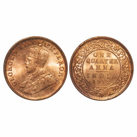 George V, Bronze, Quarter Anna, 1912, Calcutta Mint, No dot. F. Prid 658. GK 1172. Mint St