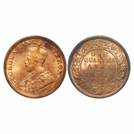 George V, Bronze, Quarter Anna, 1912, Calcutta Mint, No dot. F. Prid 658. GK 1172. Mint St