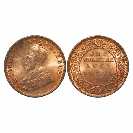 George V, Bronze, Quarter Anna, 1913, Caclutta Mint, No dot, Alphabate 'Q' of Quarter and 