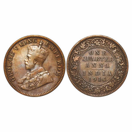 George V, Bronze, Quarter Anna, 1916, Calcutta Mint, No dot. F. Prid 661. GK 1175. Very Fi