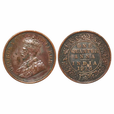 George V, Bronze, Quarter Anna, 1916, Calcutta Mint, No dot. F. Prid 661. GK 1175. Extreme