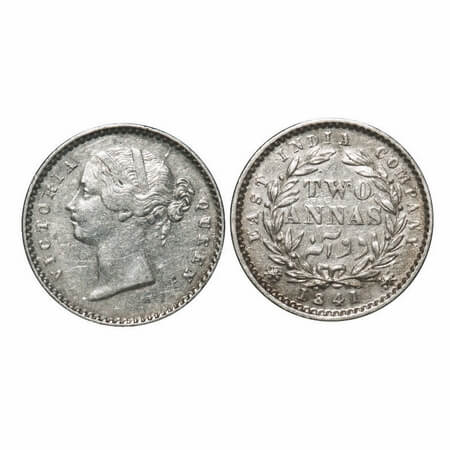 Victoria Queen, Silver, 2 Annas, 1841, DL, Calcutta Mint, W.W. Raised, Wreath with 9 Berri