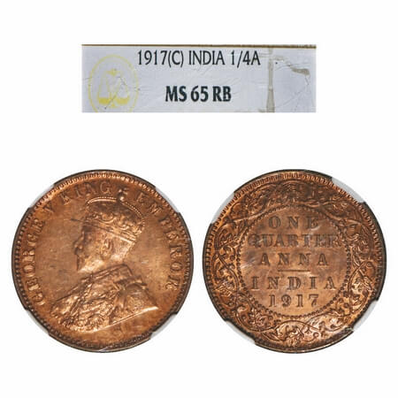 George V, Bronze, Quarter Anna, 1917, Calcutta Mint, No dot. F. Prid 662. GK 1176. NGC Sla