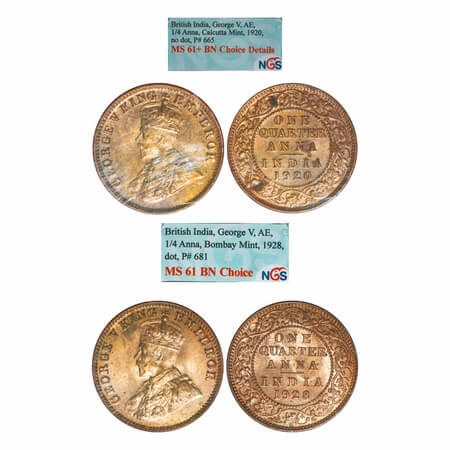George V, Bronze, Quareter Anna, (2 slabs), 1) 1920, Calcutta Mint, No dot, 2) 1928, Bomba
