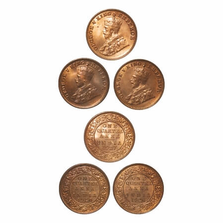 George V, Bronze, Quarter Anna, (3 coins), 1) 1920, Calcutta Mint, No dot, 2) 1926, Bombay