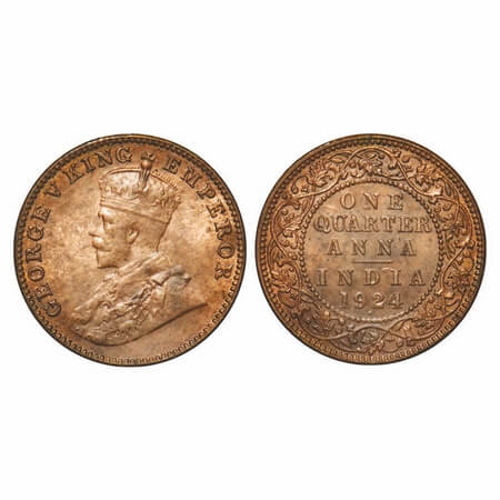George V, Bronze, Quarter Anna, 1924, Bombay Mint, Dot. F. Prid 677. GK 1180. Uncirculated