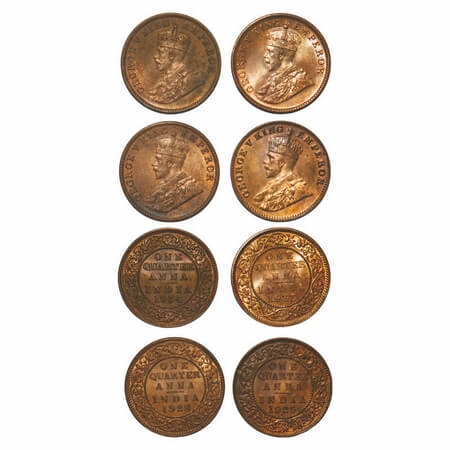 George V, Bronze, Quarter Anna, (4 Coins), 1) 1925, Bombay Mint, Dot, 2) 1928, Calcutta Mi