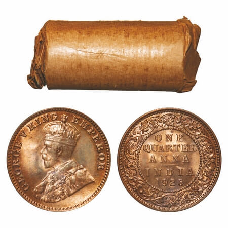 George V, Bronze, Quarter Anna, 1926, (Roll of 32 coins), Bombay Mint, Dot. F. Prid 679. G