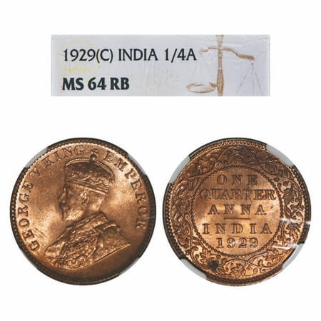 George V, Bronze, Quarter Anna, 1929, Calcutta Mint, No dot. F. Prid 670. GK 1189. NGC Sla