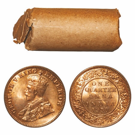 George V, Bronze, Quarter Anna, 1930, (Roll of 32 coins), Bombay Mint, Dot. F. Prid 671. G