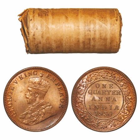 George V, Bronze, Quarter Anna, 1930, (Roll of 32 coins), Calcutta Mint, No dot. F. Prid U