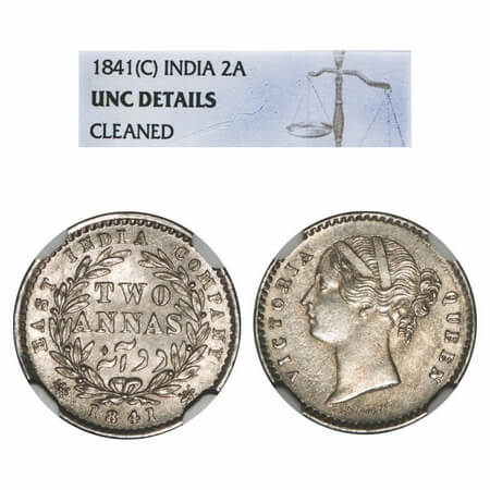 Victoria Queen, Silver, 2 Annas, 1841, DL, Calcutta Mint, W.W. Raised, Wreath with 9 Berri