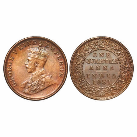 George V, Bronze, Quarter Anna, 1931, Calcutta Mint, No dot. F. Prid 672. GK 1192. Extreme