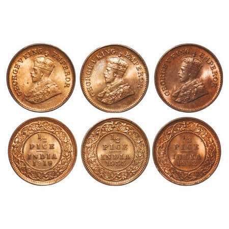 George V, Bronze, 1/2 Pice, (3 coins), 1912, 1919, 1935, Calcutta Mint, No mint mark. F. P