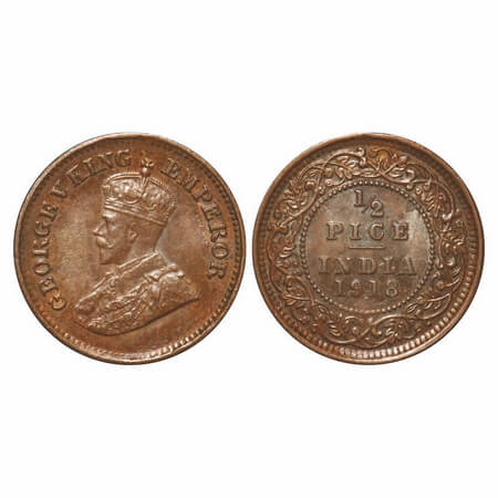 George V, Bronze, 1/2 Pice, 1918, Calcutta Mint, No mint mark. F. Prid 751. GK 1204, Almos