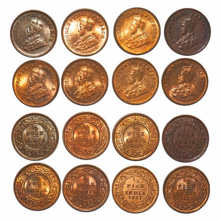 George V, Bronze, 1/2 Pice, (lot of 8 coins), 1918, 1921(3), 1923, 1928(2), 1931, Calcutta