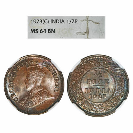 George V, Bronze, 1/2 Pice, 1923, Calcutta Mint, No mint mark. F. Prid 756. GK 1209. NGC S