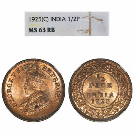 George V, Bronze, 1/2 Pice, 1925, Calcutta Mint, No mint mark. F. Prid 758. GK 1211. NGC S