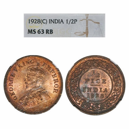 George V, Bronze, 1/2 Pice, 1928, Calcutta Mint, No mint mark. F. Prid 761. GK 1214. NGC S