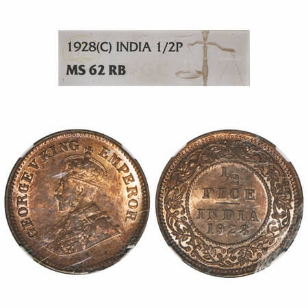 George V, Bronze, 1/2 Pice, 1928, Calcutta Mint, No mint mark. F. Prid 761. GK 1214. NGC S