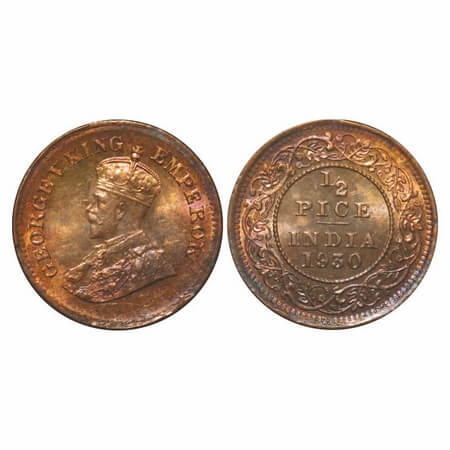 George V, Bronze, 1/2 Pice, 1930, Calcutta Mint, No mint mark. F. Prid 763. GK 1216. Uncir