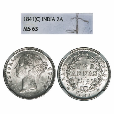 Victoria Queen, Silver, 2 Annas, 1841, DL, Calcutta Mint, W.W. Raised, Wreath with 9 Berri