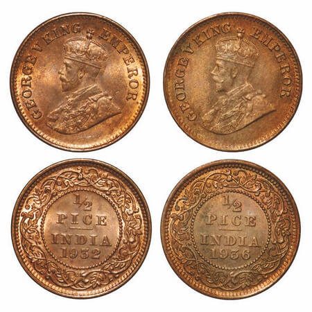 George V, Bronze, 1/2 Pice, (2 coins), 1932, 1936, Calcutta Mint, No mint mark. F. Prid 76