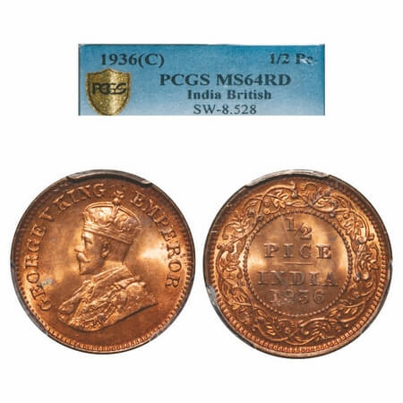 George V, Bronze, 1/2 Pice, 1936, Calcutta Mint, No mint mark. F. Prid 769. GK 1222. PCGS 