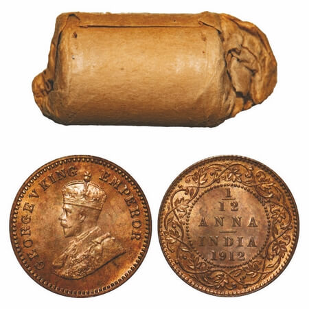 George V, Bronze, 1/12 Anna, 1912, (Roll of 24 coins), Calcutta Mint, No dot. F. Prid 827.