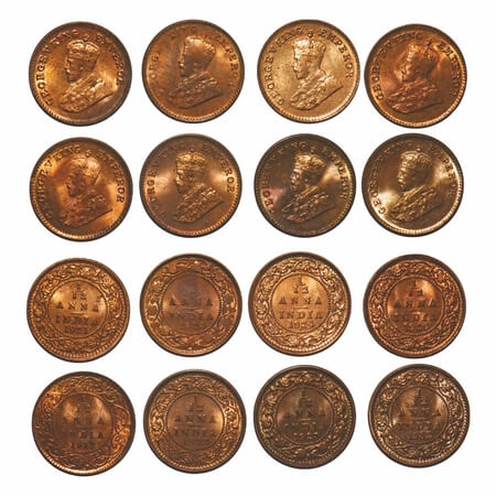 George V, Bronze, 1/12 Anna, (lot of 8 coins), 1) 1912, Calcutta Mint, No dot, 2) 1921, Ca