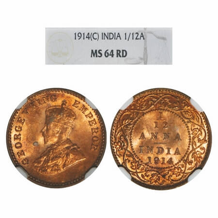George V, Bronze, 1/12 Anna, 1914, Calcutta Mint, No dot. F. Prid 829. GK 1225. NGC Slabbe