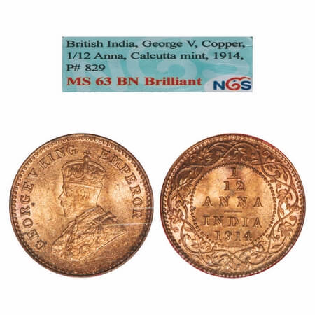 George V, Bronze, 1/12 Anna, 1914, Calcutta Mint, No dot. F. Prid 829. GK 1225. NGS Slabbe