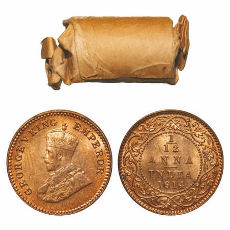 George V, Bronze, 1/12 Anna, 1914, (Roll of 24 coins), Calcutta Mint, No dot. F. Prid 829.