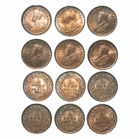 George V, Bronze, 1/12 Anna, (Lot of 6 coins), 1) 1917, Calcutta Mint, No dot, 2) 1923, Bo