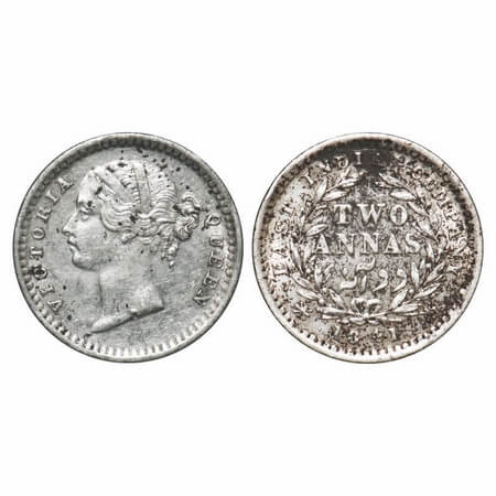 Victoria Queen, Silver, 2 Annas, 1841, DL, Madras Mint, 'S' incused, W.W. Raised, Wreath w
